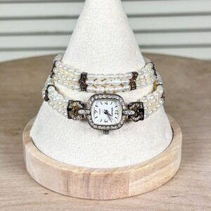 Gruen Vintage Luxe Cream Pearl Watch and Bracelet Set Art Deco Crystal 90s